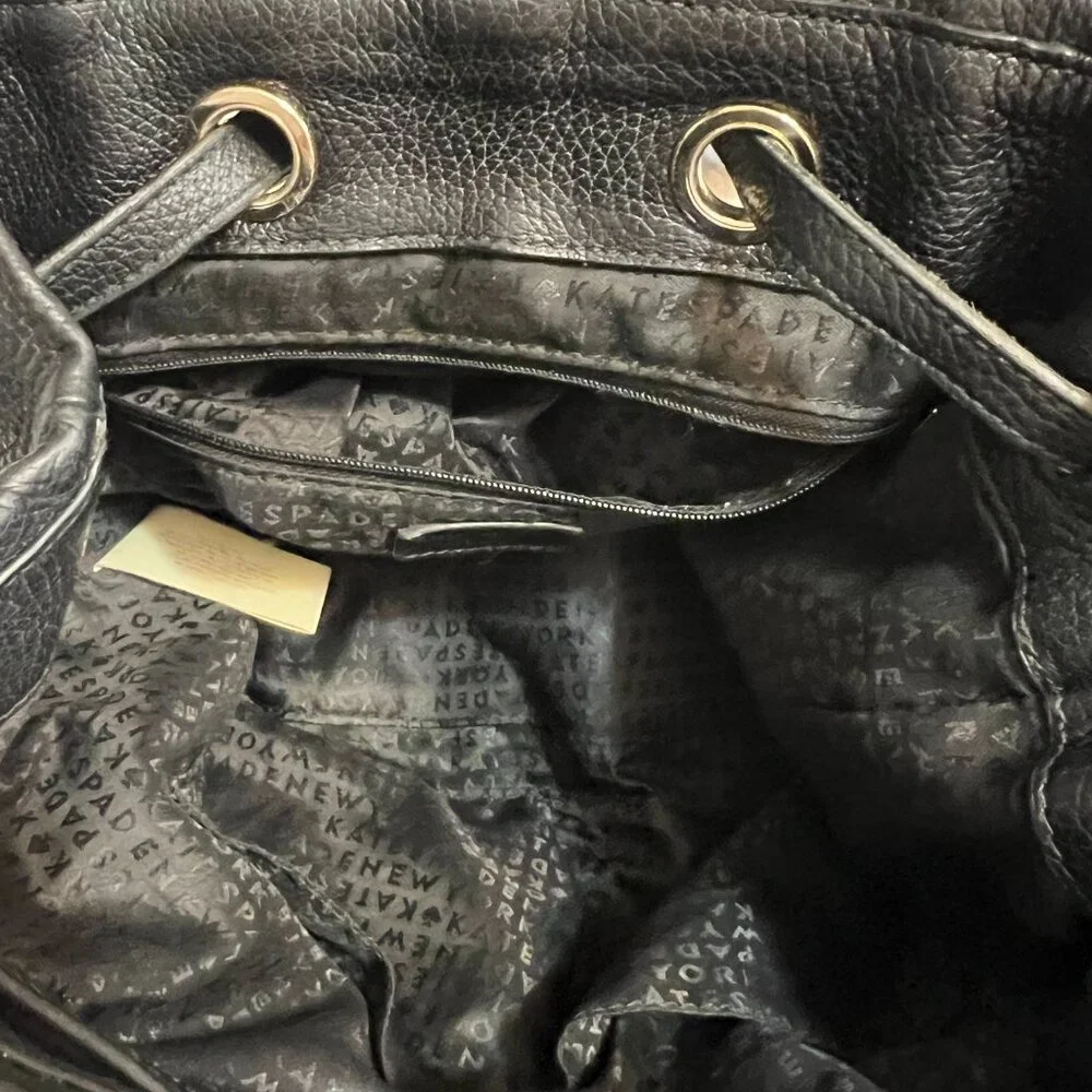 kate spade Black Leather Backpack Tessel Zip Pocket Drawstring Flap Bag - Picture 5 of 9
